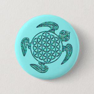 Badge Rond 5 Cm Fleur de vie / Blume des Lebens tortue turquoise