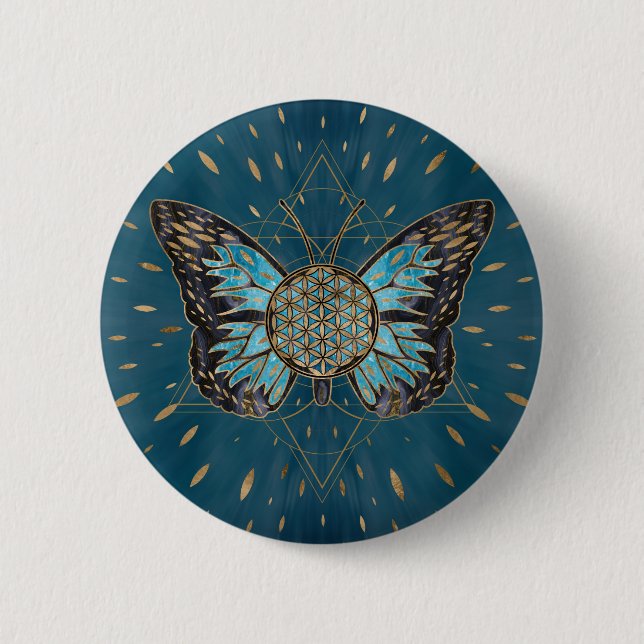 Badge Rond 5 Cm Fleur du papillon de vie - Pierre bleue et or (Devant)