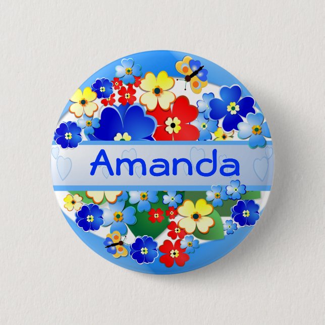 Badge Rond 5 Cm Fleur et papillons ~ Bouton Nom (Devant)