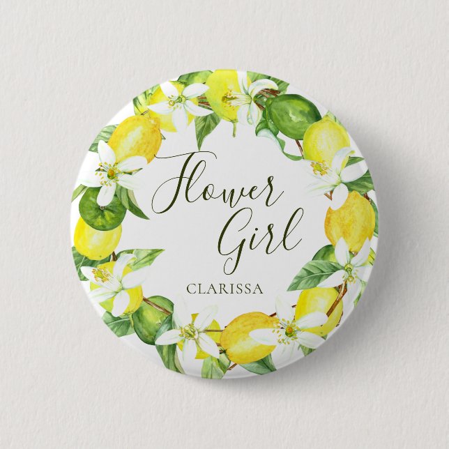 Badge Rond 5 Cm Fleur Fille Aquarelle Citron Floral Wreath Butto (Devant)