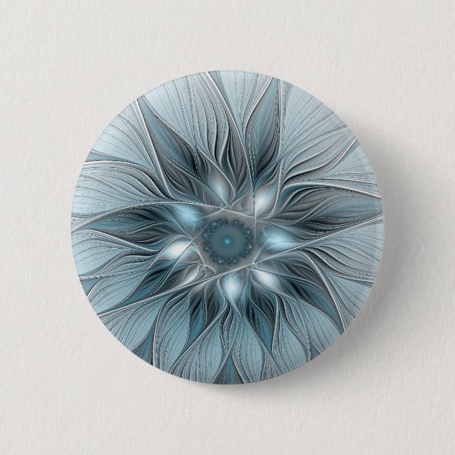 Badge Rond 5 Cm Fleur joyeuse abstraite florale fractale bleue gri (Devant)