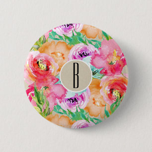 Badge Rond 5 Cm Fleur Moderne Aquarelle Kraft Rustique Personnalis