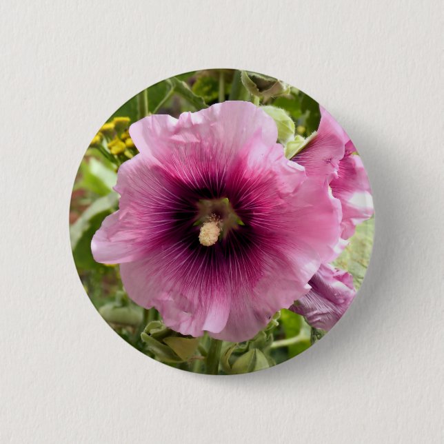 BADGE ROND 5 CM FLEUR ROSE HOLLYHOCK (Devant)