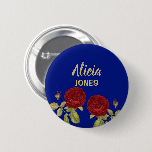 Badge Rond 5 Cm Fleur rouge et bleu feuille