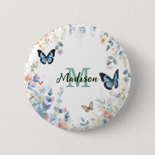 Badge Rond 5 Cm fleur sauvage verte élégante Boho Monogramme en fl