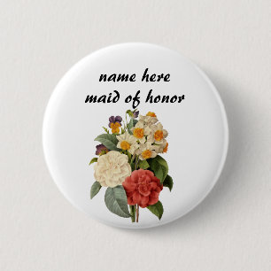 Badge Rond 5 Cm Fleurs anciennes, camélias et narcisses, Redoute