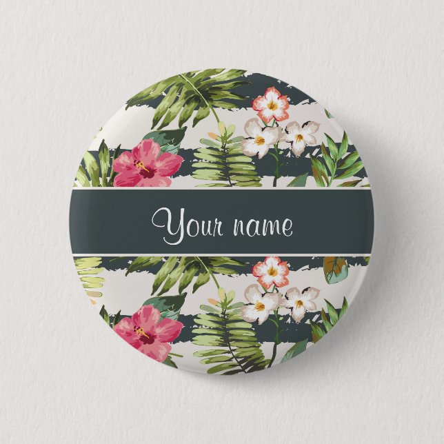 Badge Rond 5 Cm Fleurs chics et rayures de ketmie (Devant)