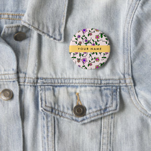 Badge Rond 5 Cm Fleurs Colorées, Fond Rose, Jaune