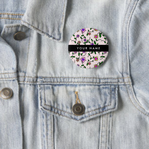 Badge Rond 5 Cm Fleurs Colorées, Fond Rose, Noir