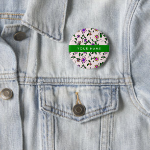 Badge Rond 5 Cm Fleurs Colorées, Fond Rose, Vert