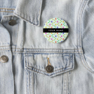 Badge Rond 5 Cm Fleurs colorées, fond vert clair, noir