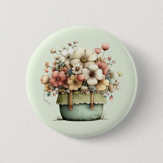 Badge Rond 5 Cm Fleurs dans un pot Cozy Shabby Mignon (Devant)