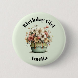 Badge Rond 5 Cm Fleurs dans un pot Cozy Shabby Mignon Fille d'anni