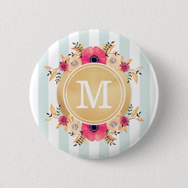 Badge Rond 5 Cm Fleurs d'aquarelle à la menthe Faux or Monogramme (Devant)
