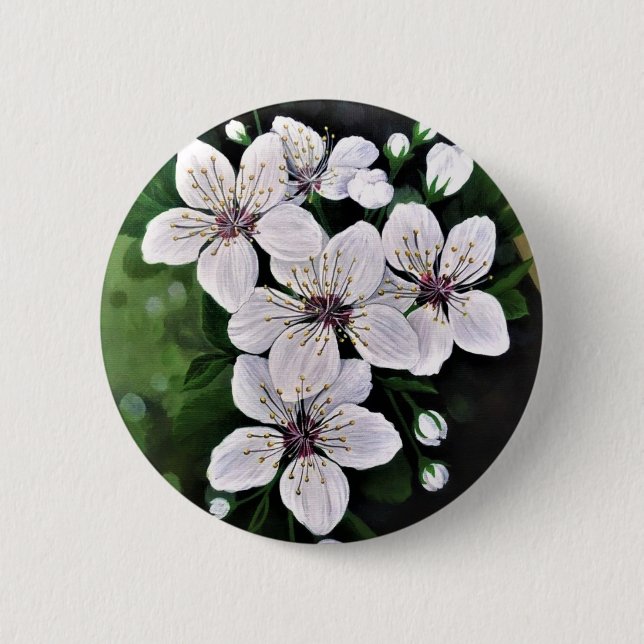 Badge Rond 5 Cm Fleurs De Cerise Blanche En Acrylique (Devant)