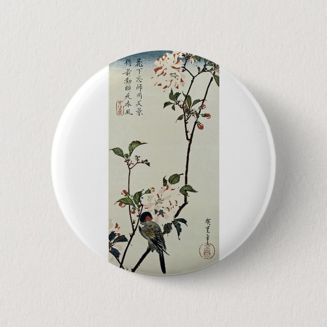 Badge Rond 5 Cm Fleurs de cerisiers et petits oiseaux (Devant)