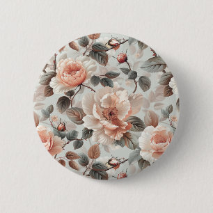 Badge Rond 5 Cm Fleurs de crème avec feuilles gris sur un gris cla