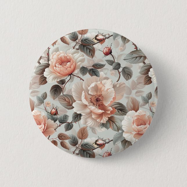 Badge Rond 5 Cm Fleurs de crème avec feuilles gris sur un gris cla (Devant)