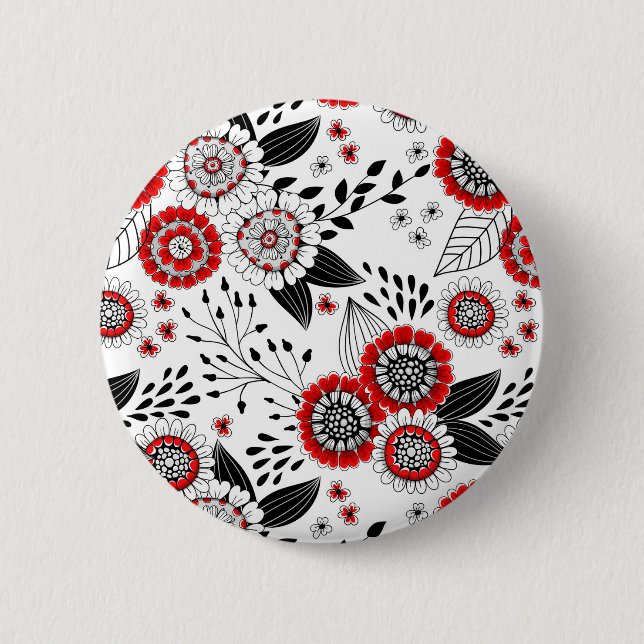 Badge Rond 5 Cm Fleurs de gribouillis et feuilles en rouge et noir (Devant)