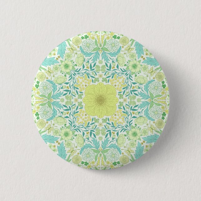 Badge Rond 5 Cm Fleurs de jardin rétro en vert et jaune (Devant)