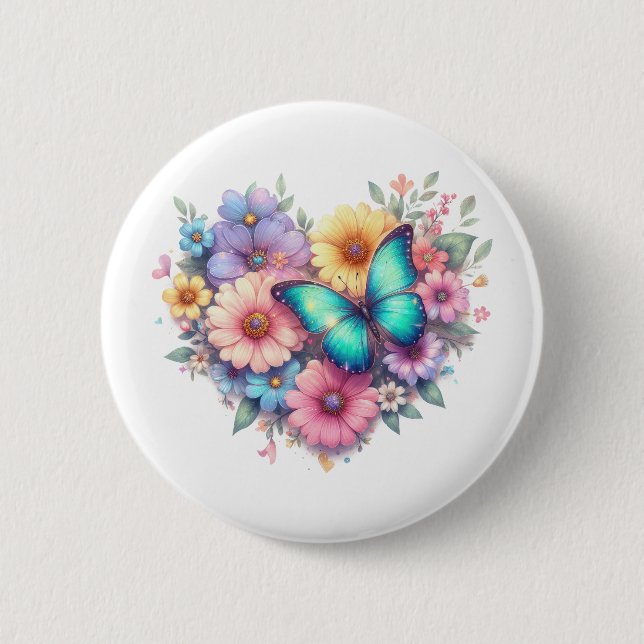 Badge Rond 5 Cm Fleurs de marguerite avec un beau papillon (Devant)