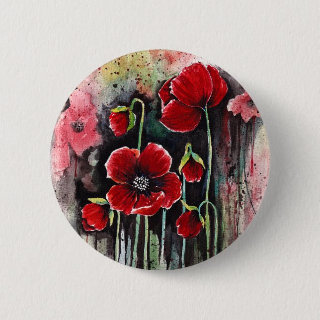 Badge Rond 5 Cm Fleurs De Pavot En Aquarelle (Devant)