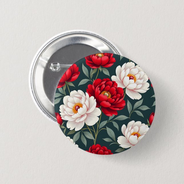 Badge Rond 5 Cm Fleurs de pivoine rouges et blanches  (Devant & derrière)