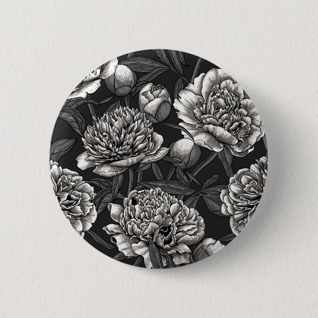 Badge Rond 5 Cm Fleurs de pivoines blanches sur gris foncé (Devant)