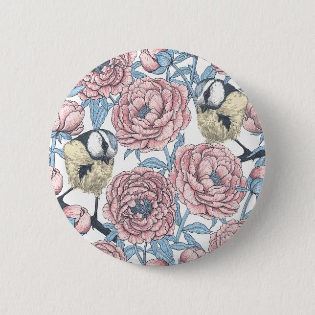 Badge Rond 5 Cm Fleurs de pivoines et oiseaux (Devant)