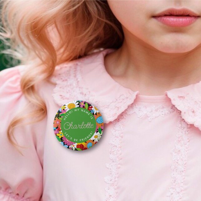 Badge Rond 5 Cm Fleurs de Printemps Whimsical Jardin Fille's Anniv (KID'S NAME Whimsical Spring Flowers Garden Girl's Birthday Party Name Tag / Pin Button @ fat_fa_tin)