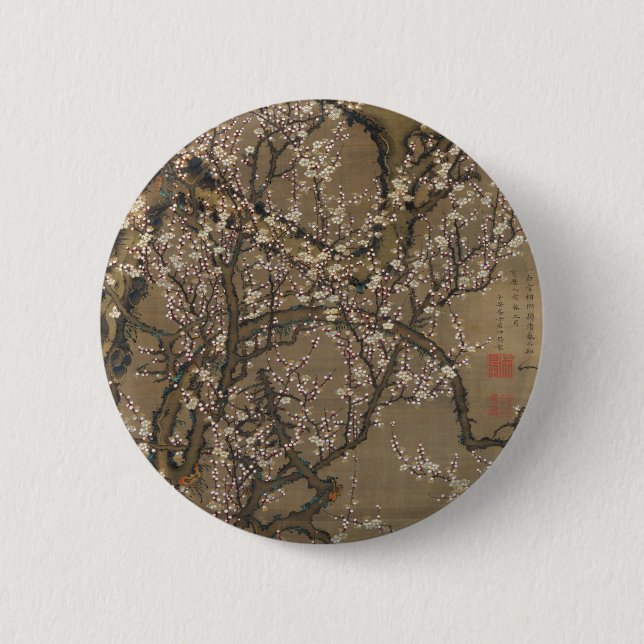 Badge Rond 5 Cm Fleurs de prunes blanches et lune par Ito Jakuchu (Devant)