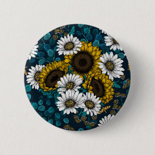 Badge Rond 5 Cm Fleurs de soleil et marguerites, jardin d'été 2
