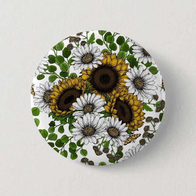 Badge Rond 5 Cm Fleurs de soleil et marguerites, jardin d'été 3 (Devant)