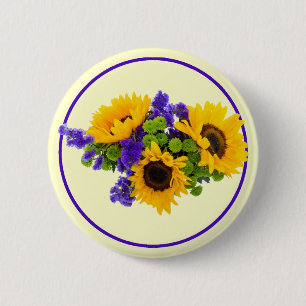 Badge Rond 5 Cm Fleurs de soleil et Statice bleue