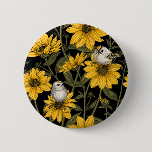 Badge Rond 5 Cm Fleurs de soleil sauvages et crêtes d'or/ jaune