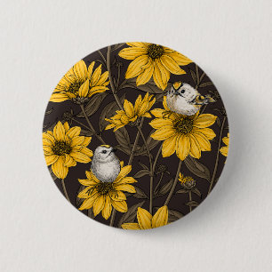 Badge Rond 5 Cm Fleurs de soleil sauvages et crêtes d'or/ jaune