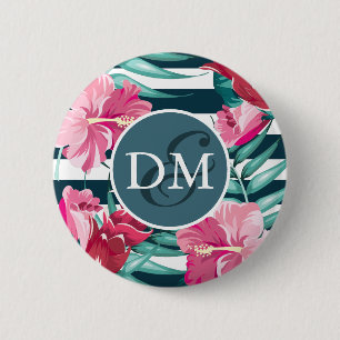 Badge Rond 5 Cm Fleurs d'été exotiques Monogrammes rayés
