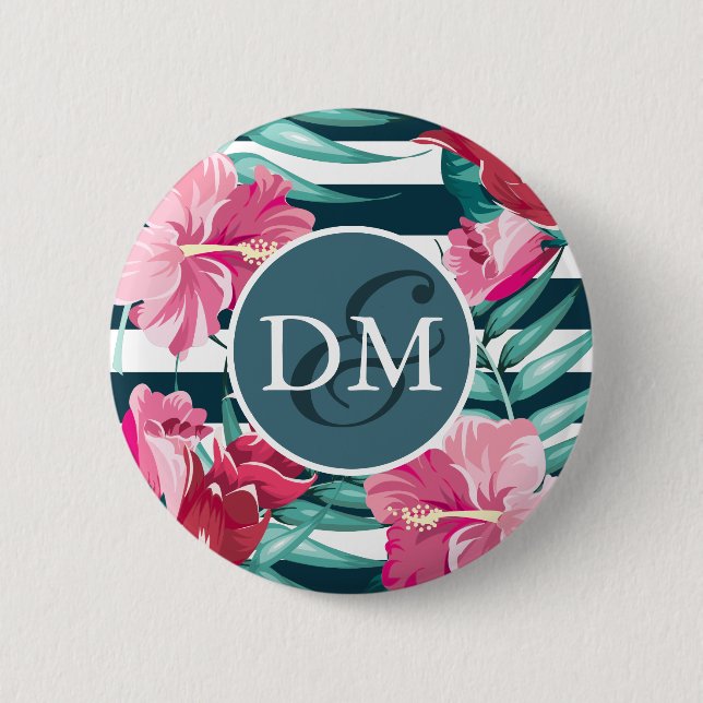 Badge Rond 5 Cm Fleurs d'été exotiques Monogrammes rayés (Devant)