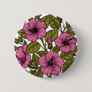 Badge Rond 5 Cm Fleurs d'hibiscus roses
