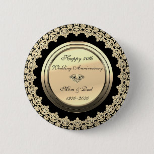 Badge Rond 5 Cm Fleurs d'or 50e anniversaire du Mariage noir