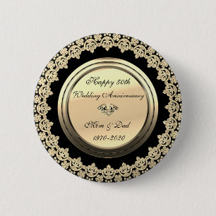 Badge Rond 5 Cm Fleurs dorées  Noir 50e anniversaire de mariage