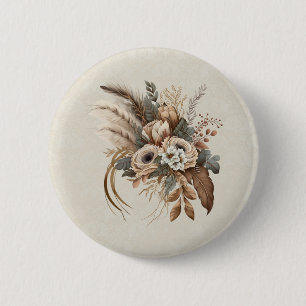 Badge Rond 5 Cm Fleurs Élégantes Feuillage et plumes
