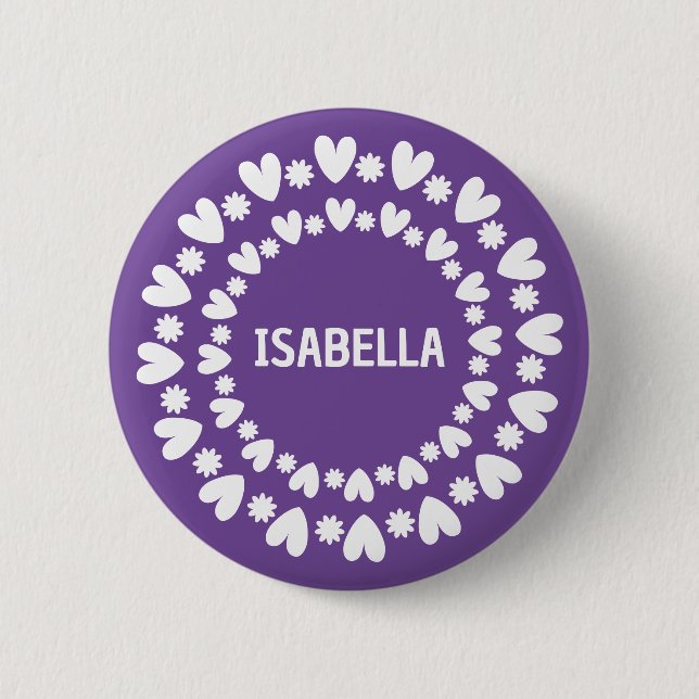 Badge Rond 5 Cm Fleurs Et Coeurs Nom (Devant)