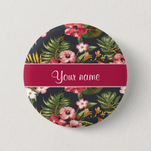 Badge Rond 5 Cm Fleurs et feuille tropicaux élégants de ketmie