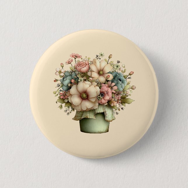 Badge Rond 5 Cm Fleurs Fantaisistes dans un Pot de Fleurs Mignon (Devant)