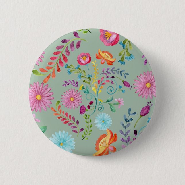 Badge Rond 5 Cm Fleurs folkloriques aquarelles - personnalisables (Devant)