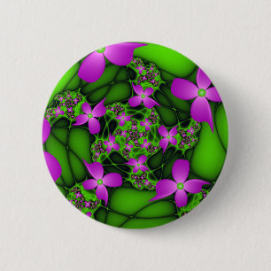 Badge Rond 5 Cm Fleurs fractales abstraites modernes rose vert néo