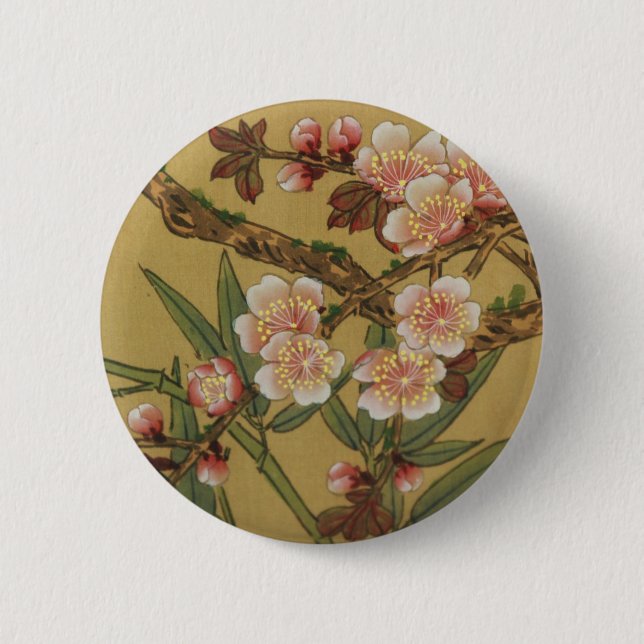 Badge Rond 5 Cm Fleurs Japonaises Asiatiques Fleur de Cerisier Vin (Devant)