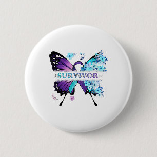 Badge Rond 5 Cm Fleurs Papillon Bleu-vert & Ruban Violet Suicide