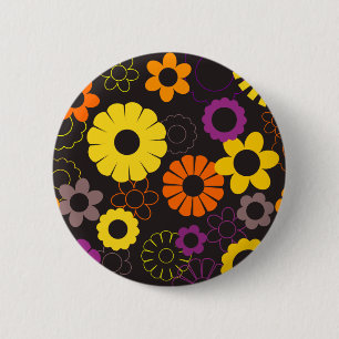 Badge Rond 5 Cm Fleurs rétro jaunes oranges et violettes